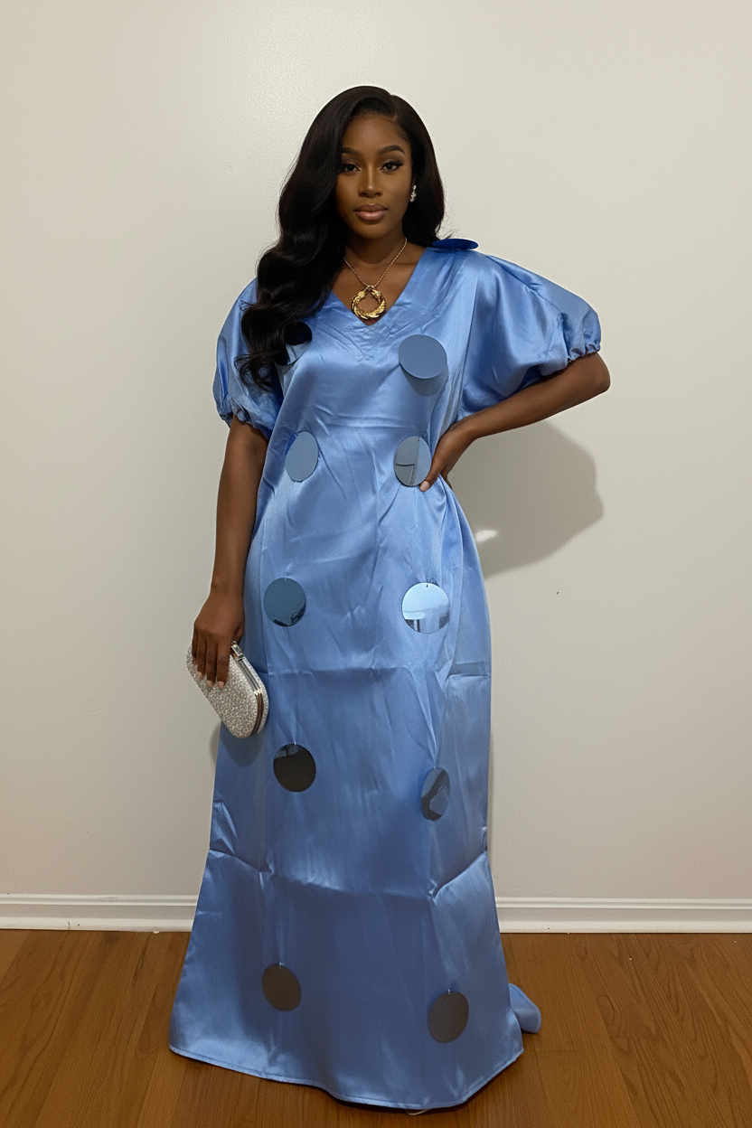 Pretty Luxe Mikado Bubu Dress with Puff Sleeves & Polka Dot Detail