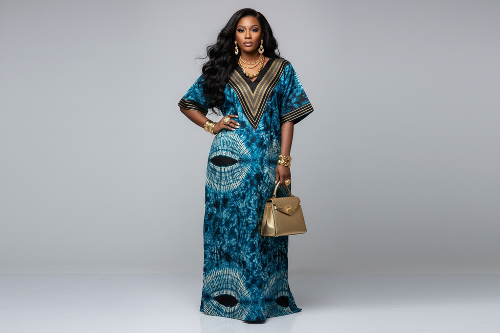 Adire Aso-Oke Bubu Dress, V-neck