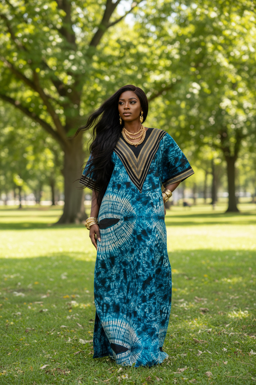 Adire Aso-Oke Bubu Dress, V-neck