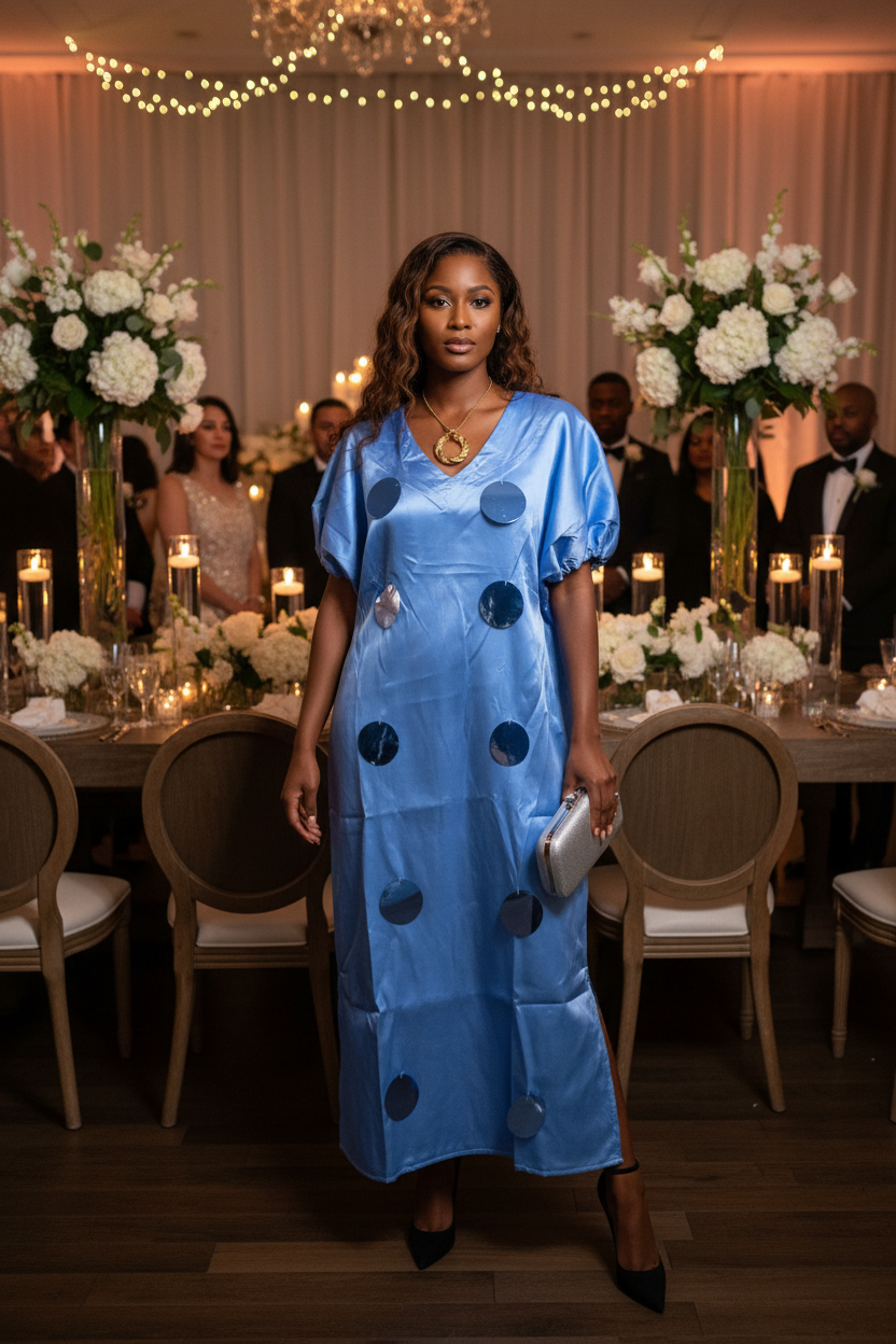 Pretty Luxe Mikado Bubu Dress with Puff Sleeves & Polka Dot Detail