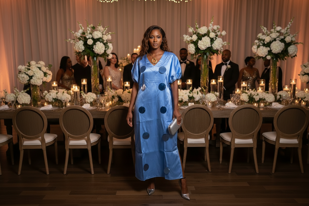 Pretty Luxe Mikado Bubu Dress with Puff Sleeves & Polka Dot Detail