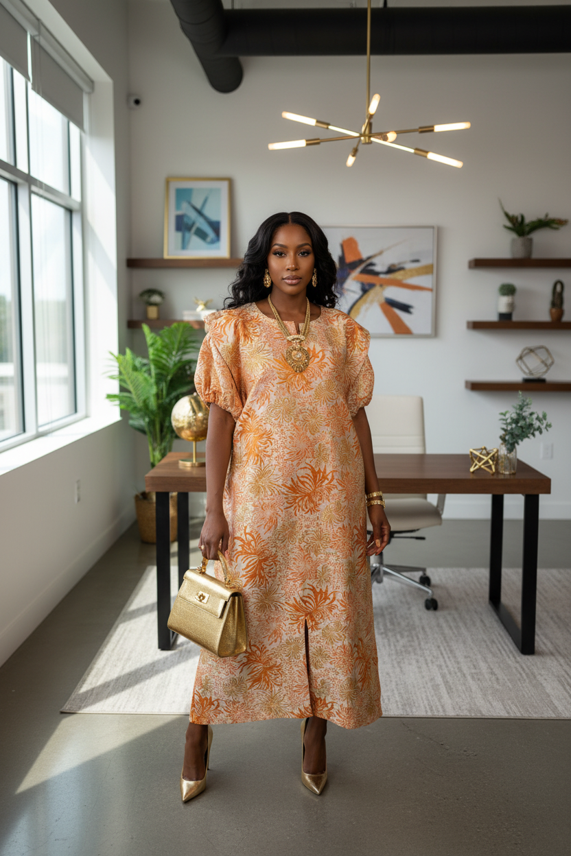 Elegant Peach Floral Brocade Bubu Dress with Puff Sleeves