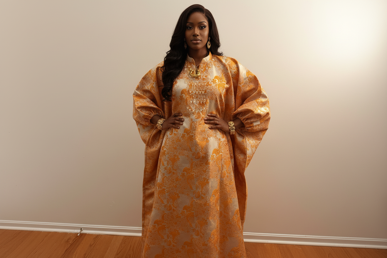 Golden One-Bead Brocade Bubu Dress