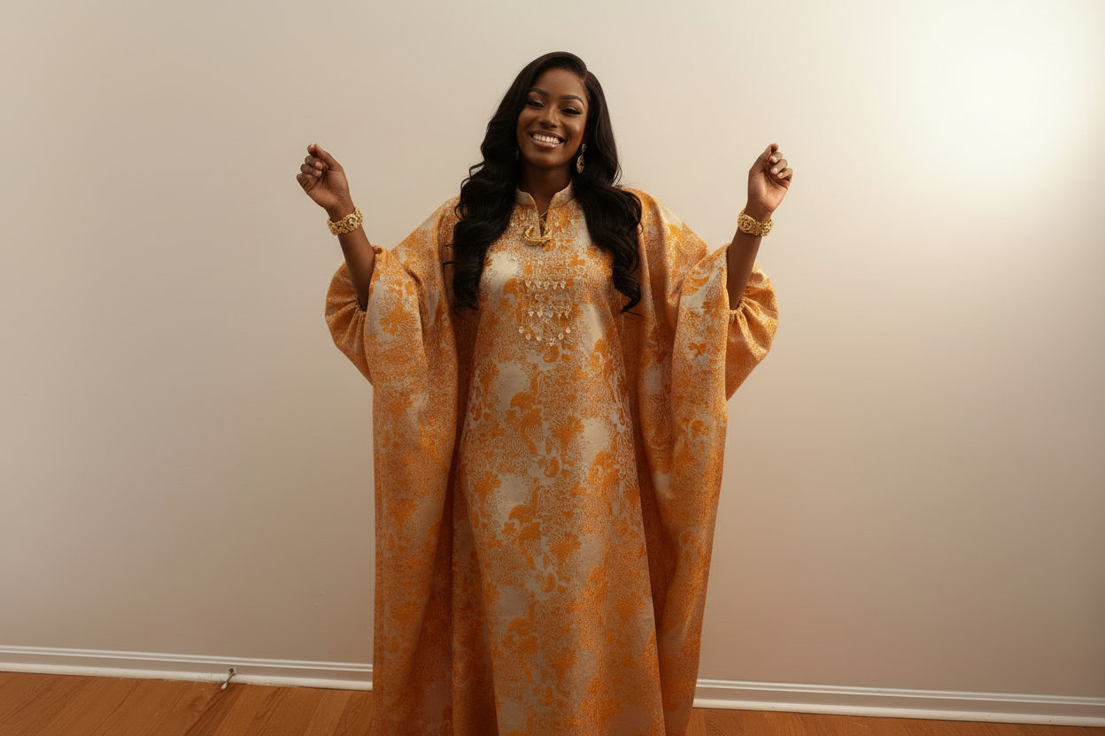 Golden One-Bead Brocade Bubu Dress