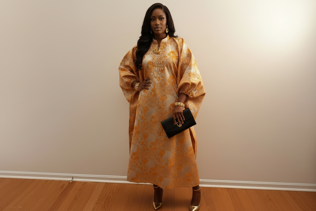 Golden One-Bead Brocade Bubu Dress