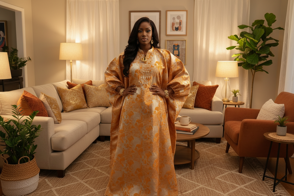 Golden One-Bead Brocade Bubu Dress