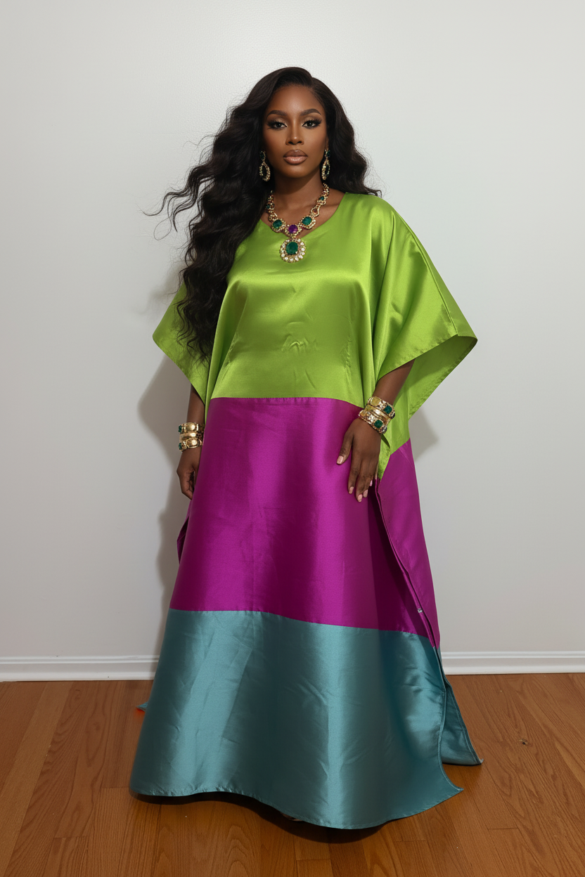 Luxury Colorblock Mikado Bubu Dress – Green, Fuchsia & Teal Statement