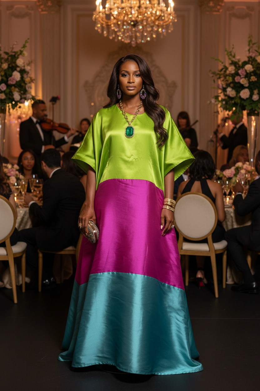 Luxury Colorblock Mikado Bubu Dress – Green, Fuchsia & Teal Statement