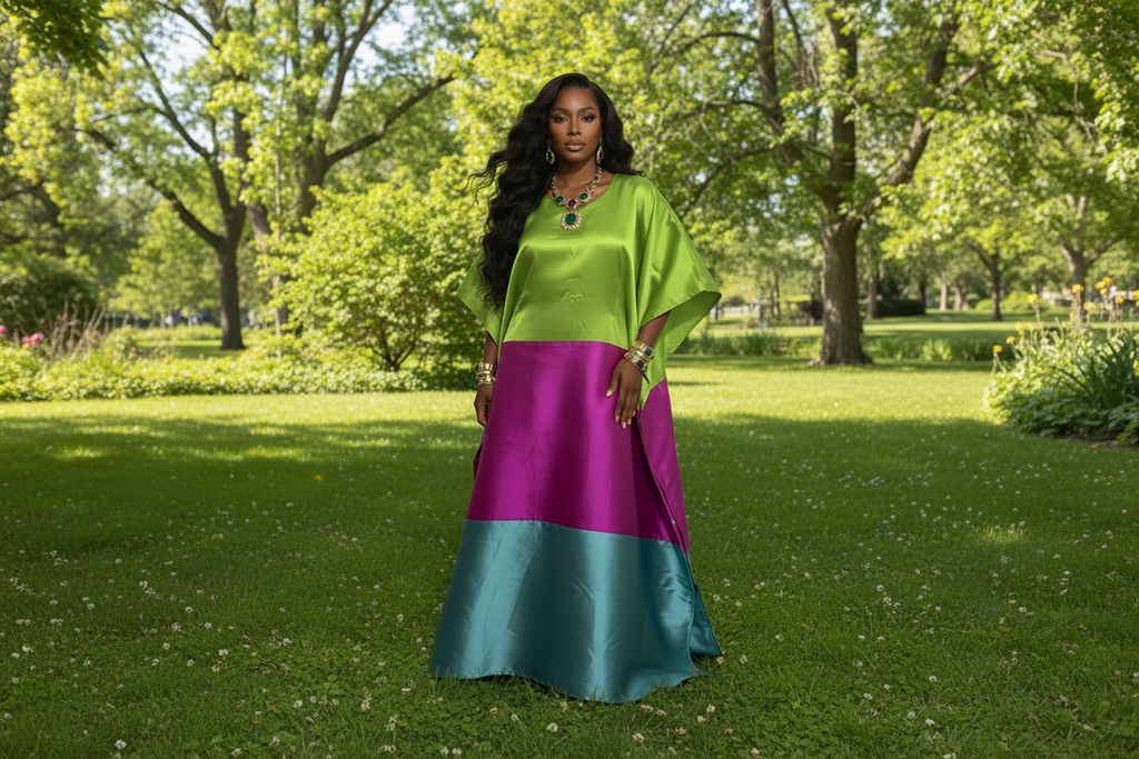 Luxury Colorblock Mikado Bubu Dress – Green, Fuchsia & Teal Statement