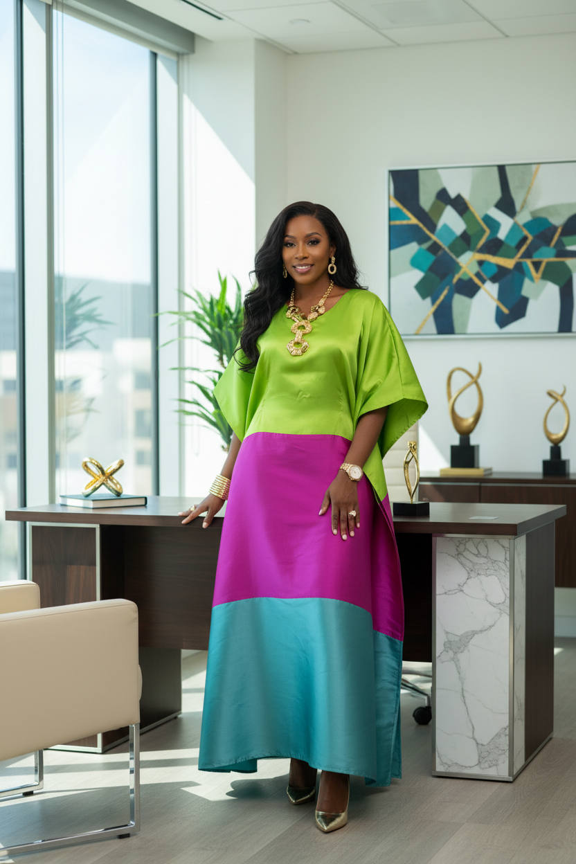 Luxury Colorblock Mikado Bubu Dress – Green, Fuchsia & Teal Statement