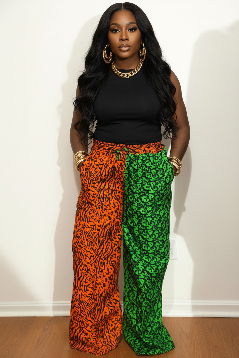 Vibrant Two-Tone Ankara Wide-Leg Pants