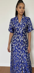 Royal Blue Silver Floral Brocade Bubu Dress with in Built Belt– African-Inspired Elegant Wear
