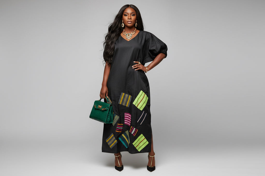 Mikado Aso Oke Patchwork Dress | V-Neck