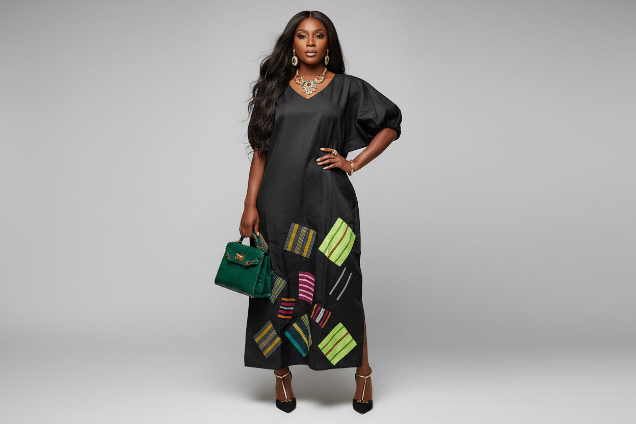 Mikado Aso Oke Patchwork Dress | V-Neck