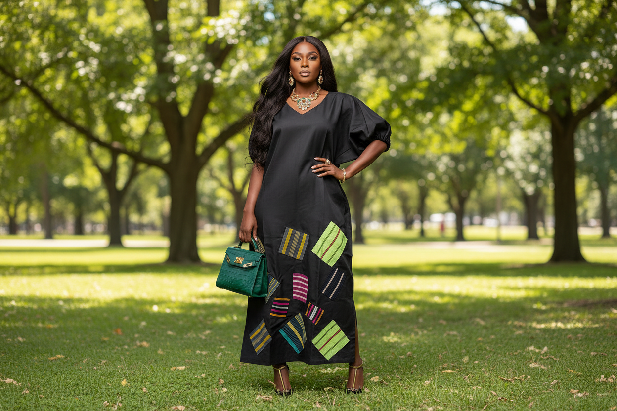 Mikado Aso Oke Patchwork Dress | V-Neck