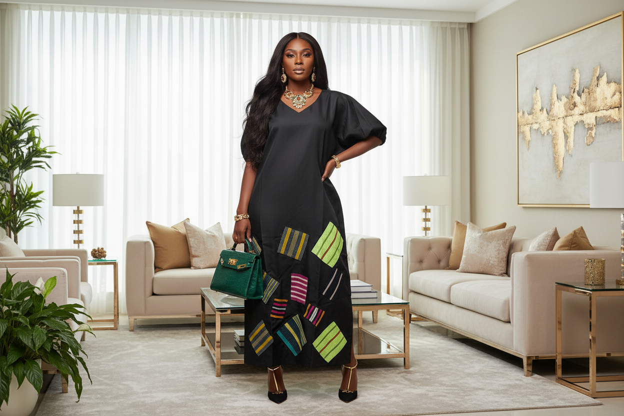 Mikado Aso Oke Patchwork Dress | V-Neck