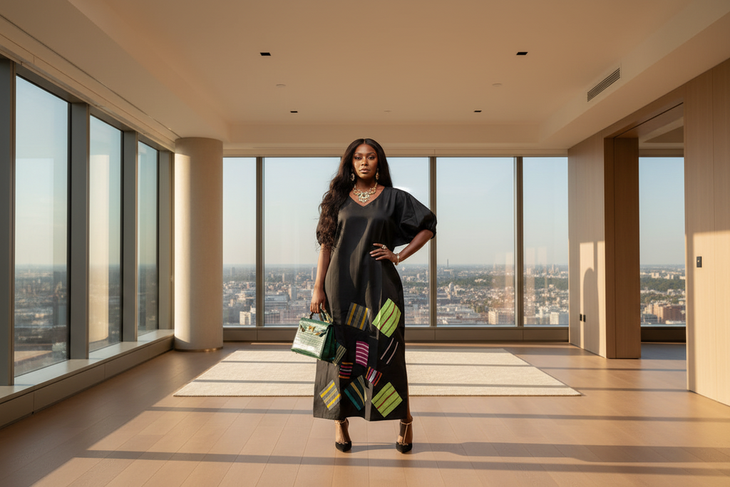 Mikado Aso Oke Patchwork Dress | V-Neck