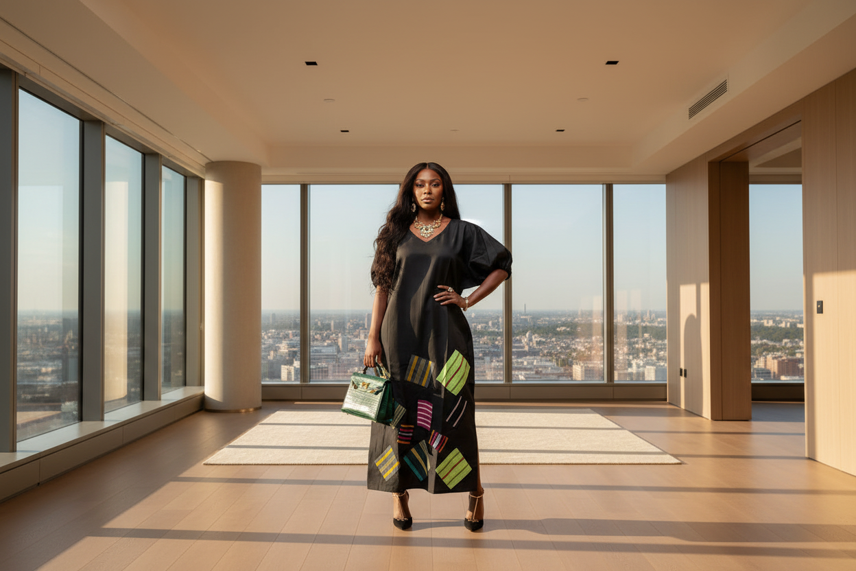 Mikado Aso Oke Patchwork Dress | V-Neck