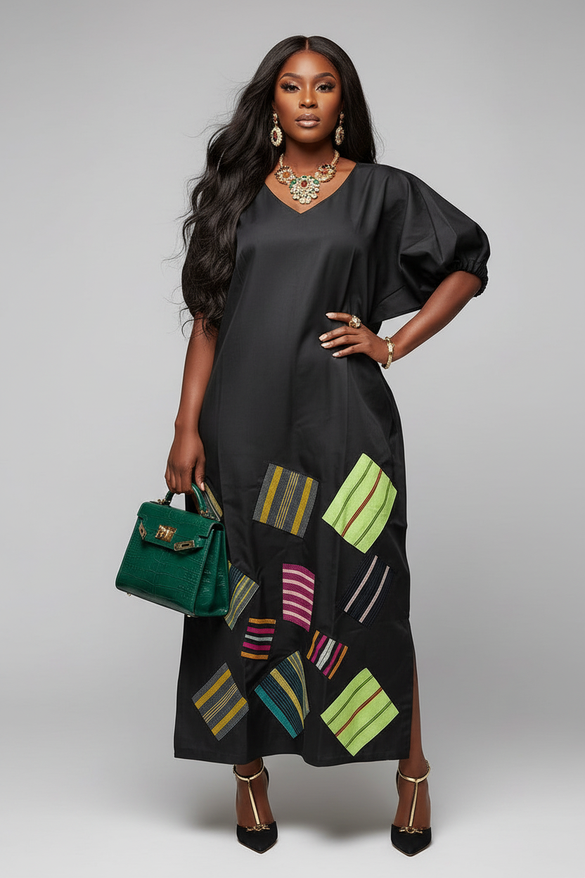 Mikado Aso Oke Patchwork Dress | V-Neck
