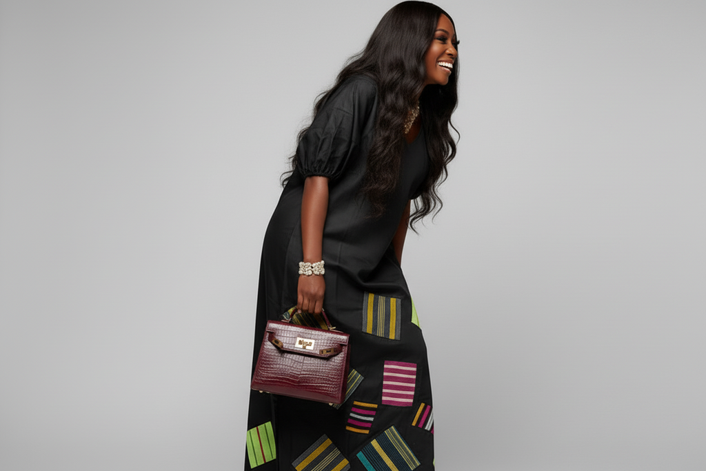 Mikado Aso Oke Patchwork Dress | V-Neck