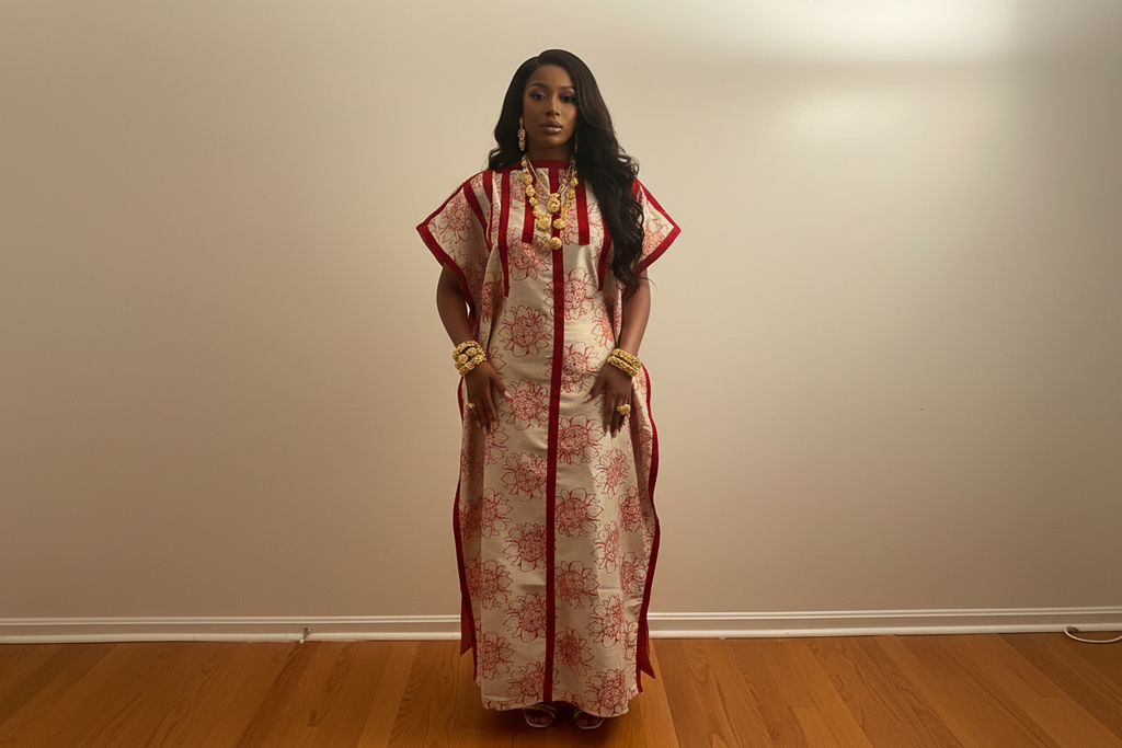 Floral Brocade Bubu Dress with Red Panel Detailing