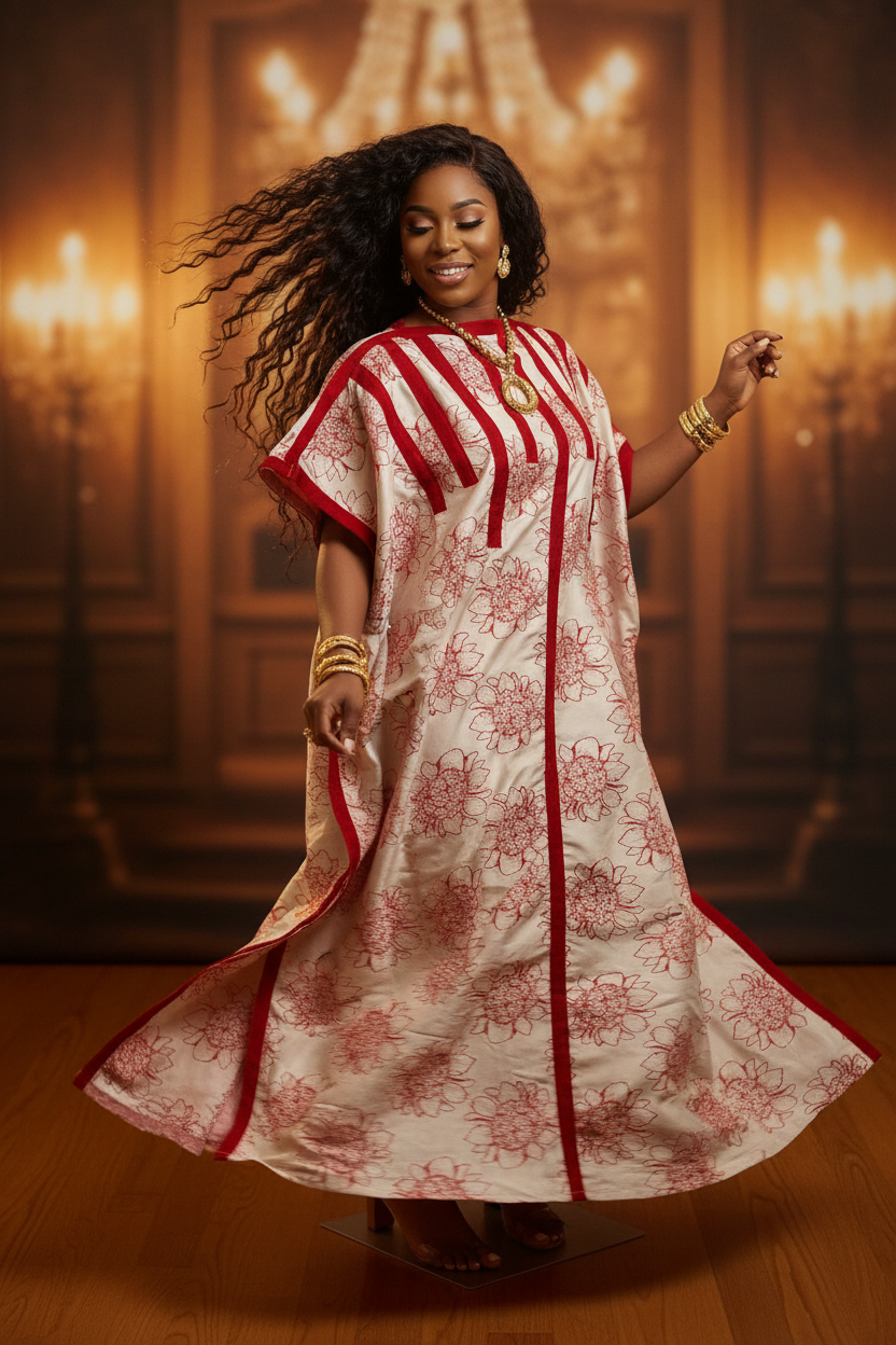 Floral Brocade Bubu Dress with Red Panel Detailing