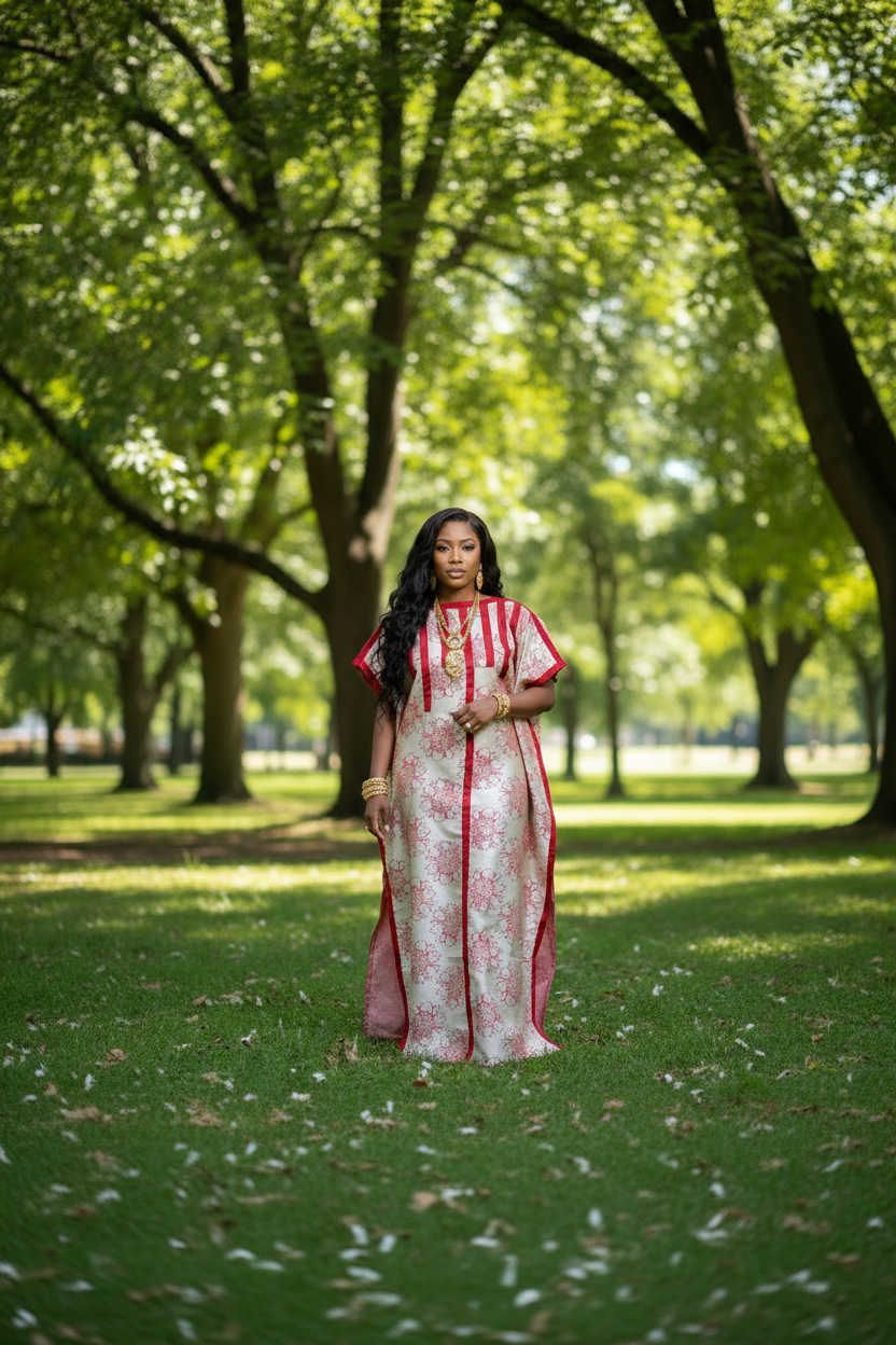 Floral Brocade Bubu Dress with Red Panel Detailing