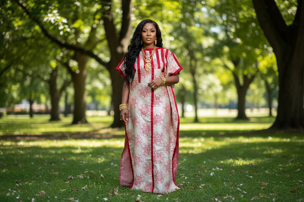 Floral Brocade Bubu Dress with Red Panel Detailing