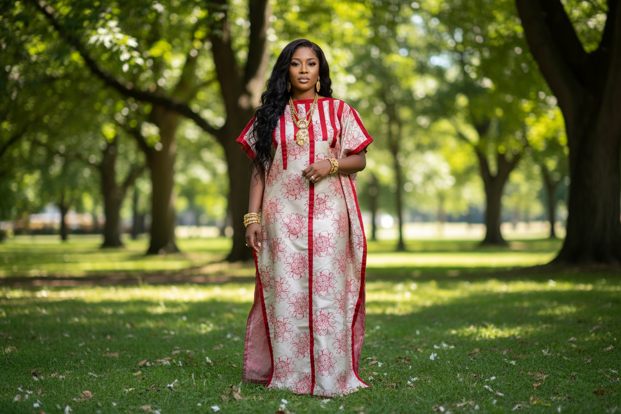 Floral Brocade Bubu Dress with Red Panel Detailing