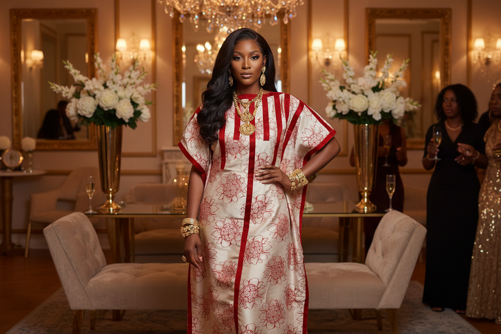 Floral Brocade Bubu Dress with Red Panel Detailing