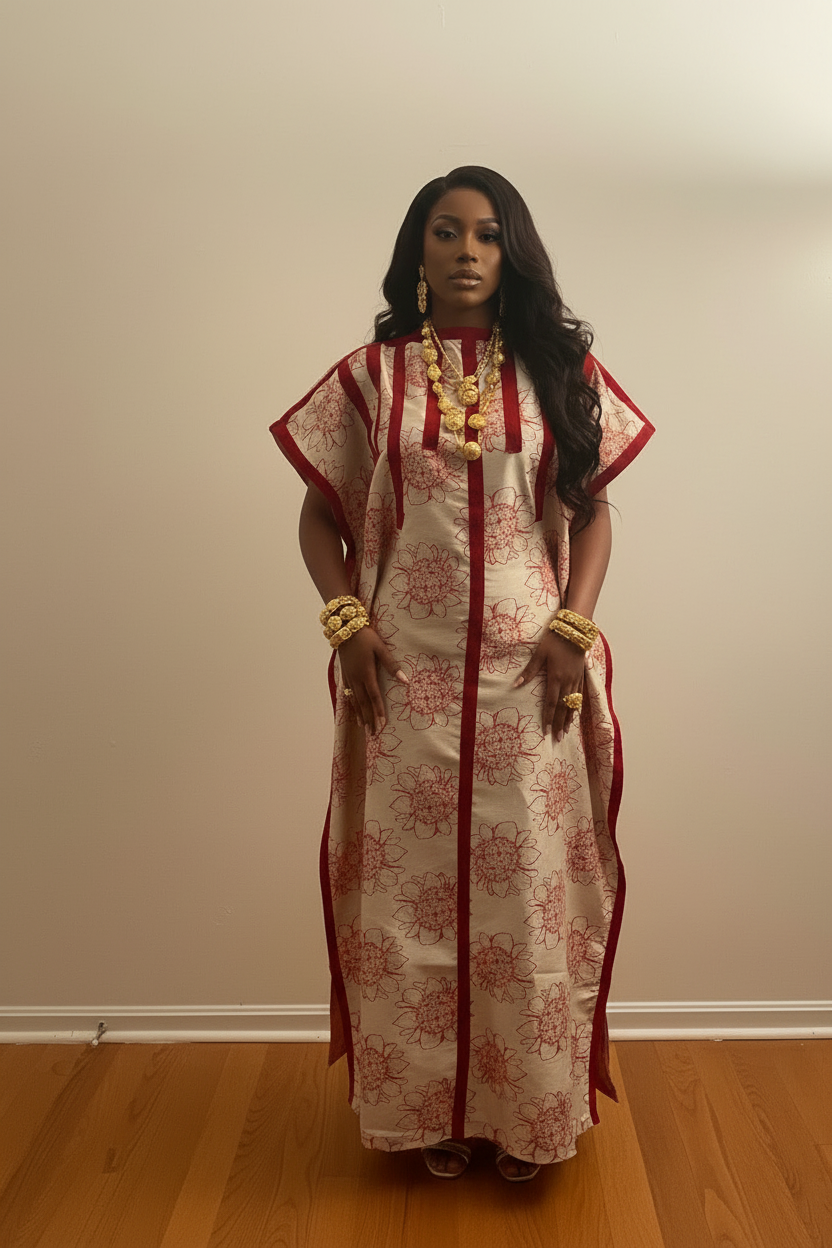 Floral Brocade Bubu Dress with Red Panel Detailing