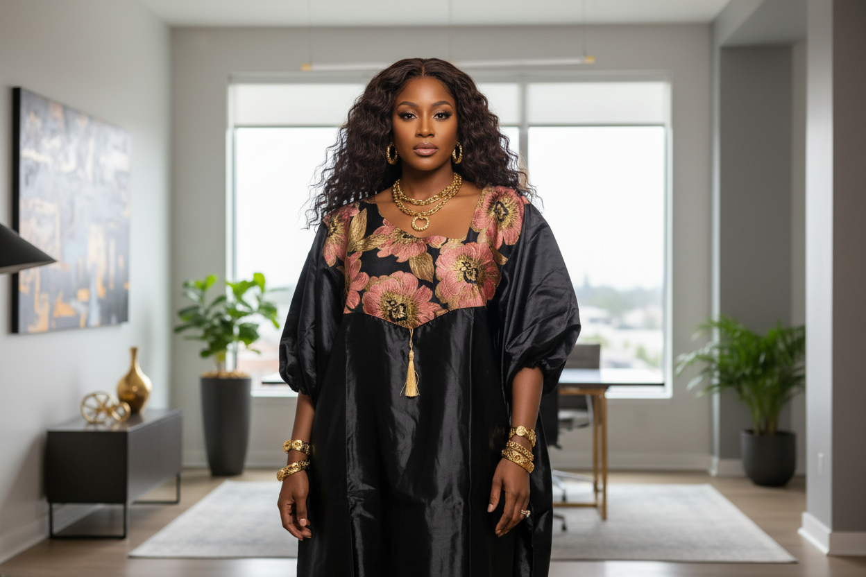 Elegant Mikado Bubu with Floral Brocade Yoke