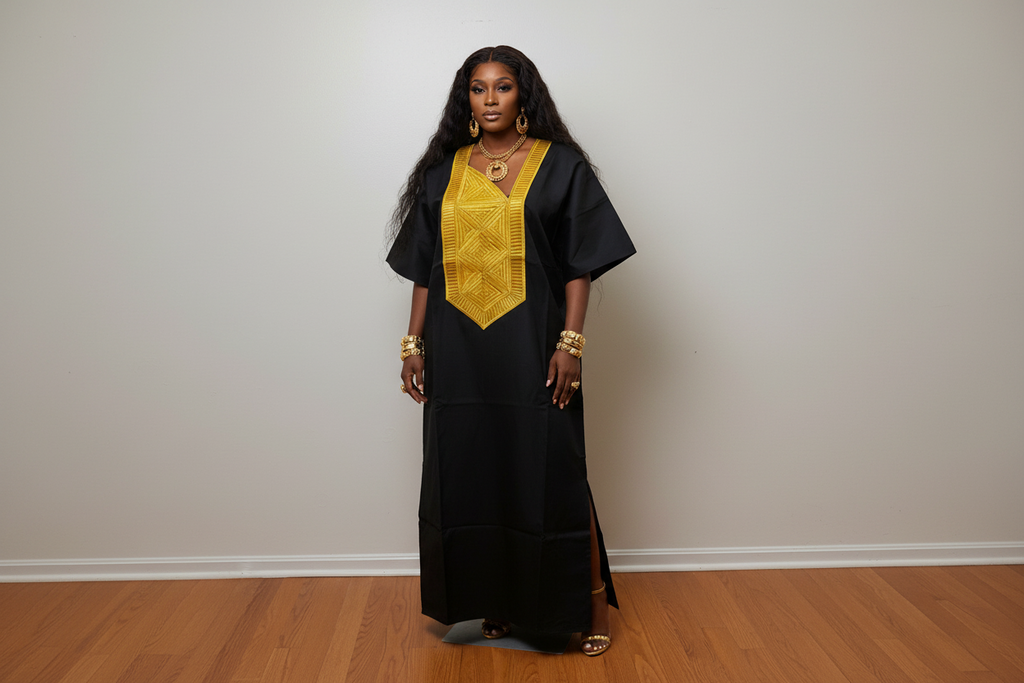 Black Mikado Bubu Dress with Gold Embroidered