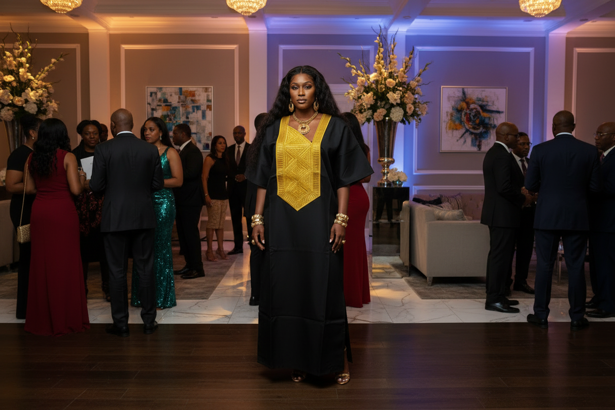 Black Mikado Bubu Dress with Gold Embroidered