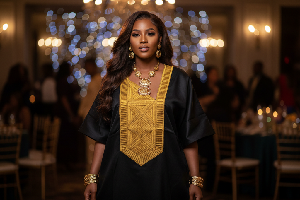 Black Mikado Bubu Dress with Gold Embroidered