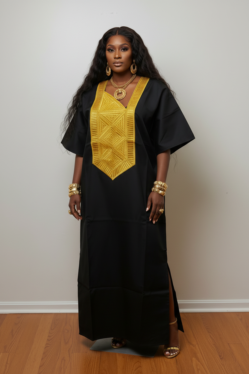 Black Mikado Bubu Dress with Gold Embroidered