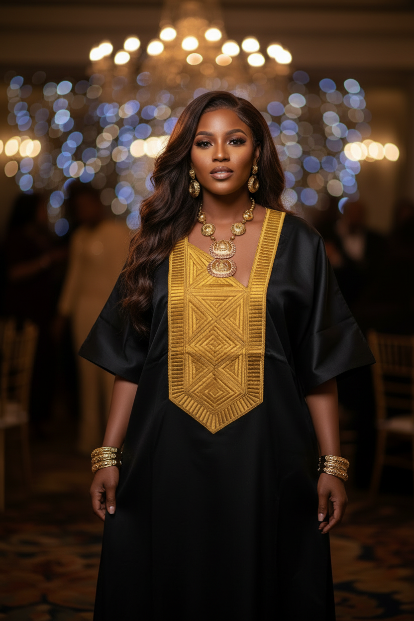 Black Mikado Bubu Dress with Gold Embroidered