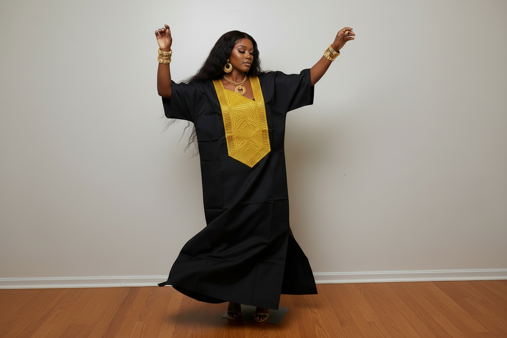 Black Mikado Bubu Dress with Gold Embroidered