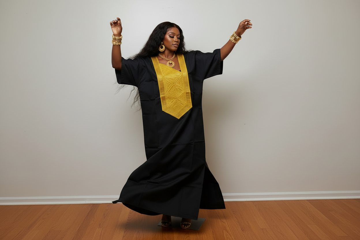 Black Mikado Bubu Dress with Gold Embroidered