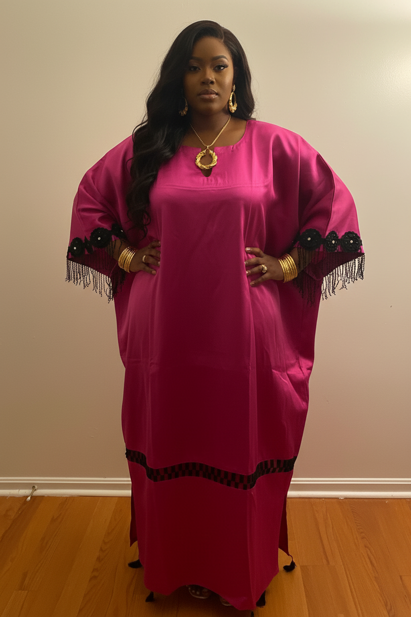 Magenta Mikado Bubu Dress with Beaded Fringe Details