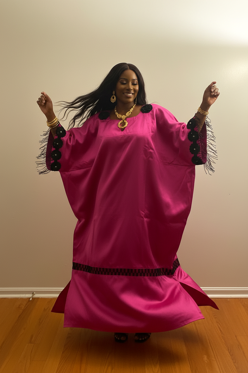 Magenta Mikado Bubu Dress with Beaded Fringe Details