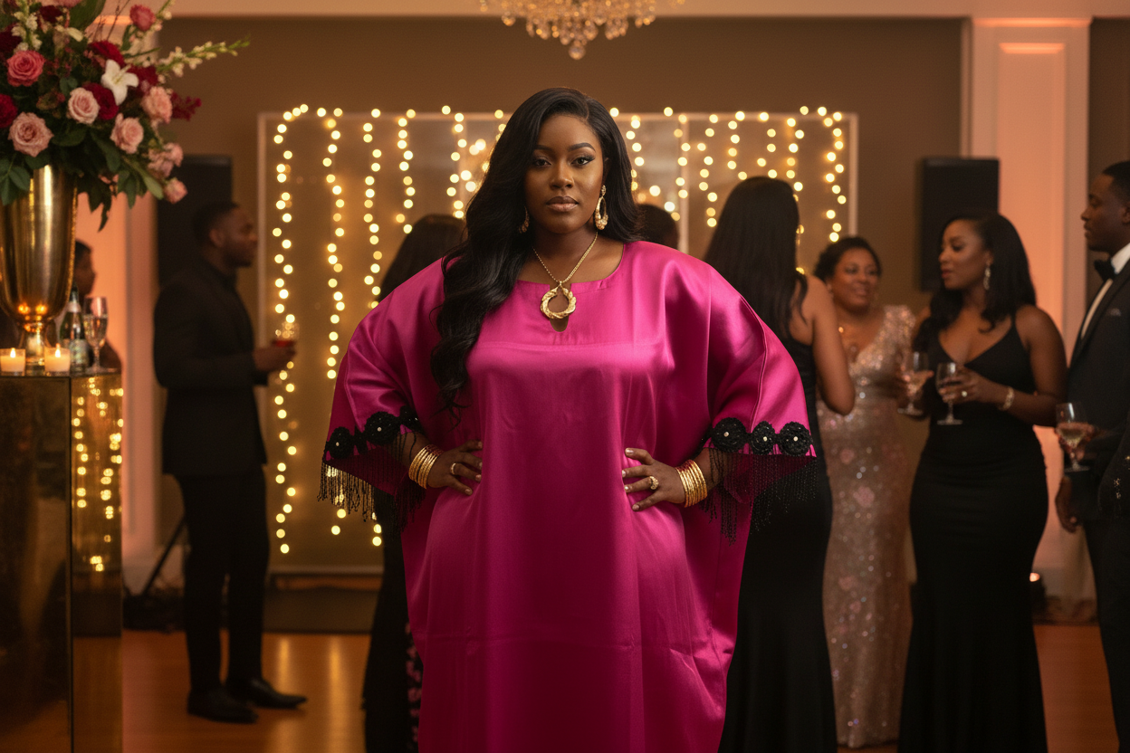 Magenta Mikado Bubu Dress with Beaded Fringe Details