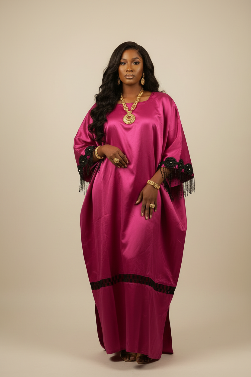 Magenta Mikado Bubu Dress with Beaded Fringe Details