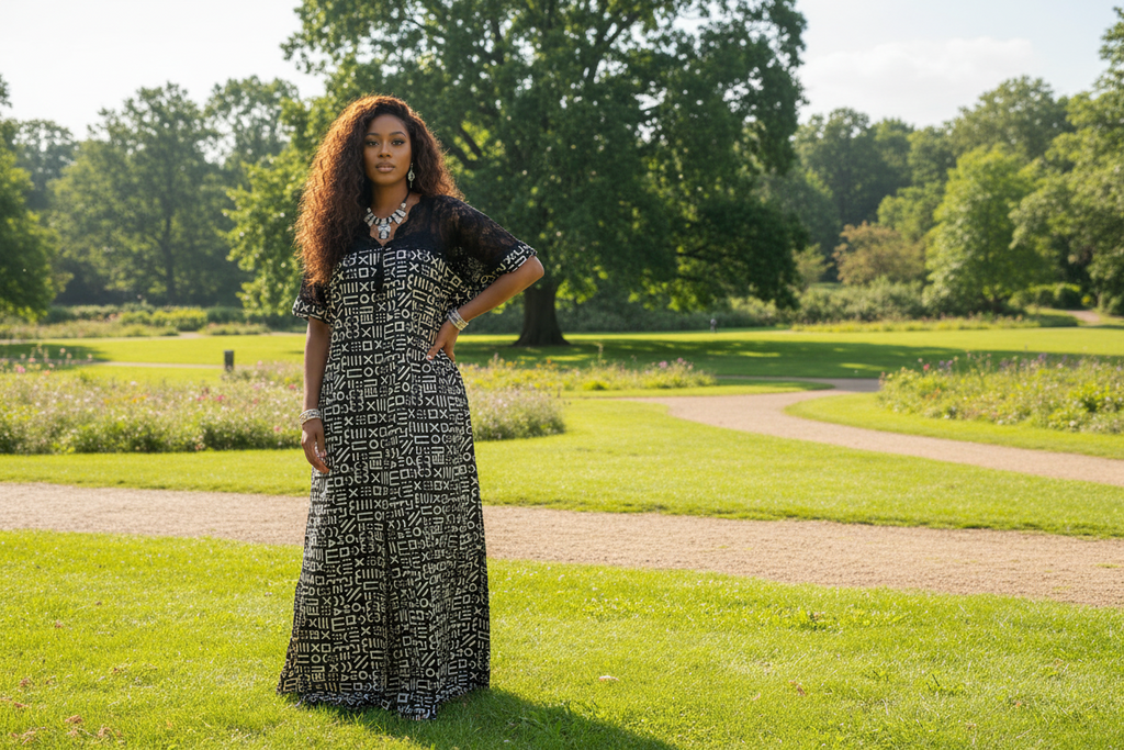 Classic Black & Ivory Tribal Ankara Print Bubu with Lace Bodice – Elegant Maxi Dress