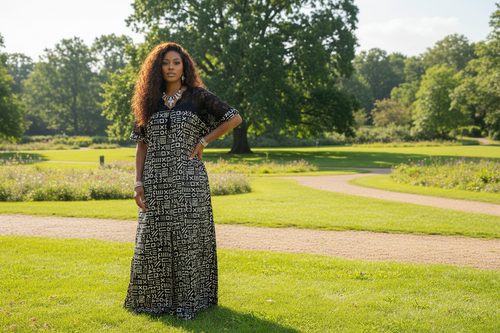 Classic Black & Ivory Tribal Ankara Print Bubu with Lace Bodice – Elegant Maxi Dress