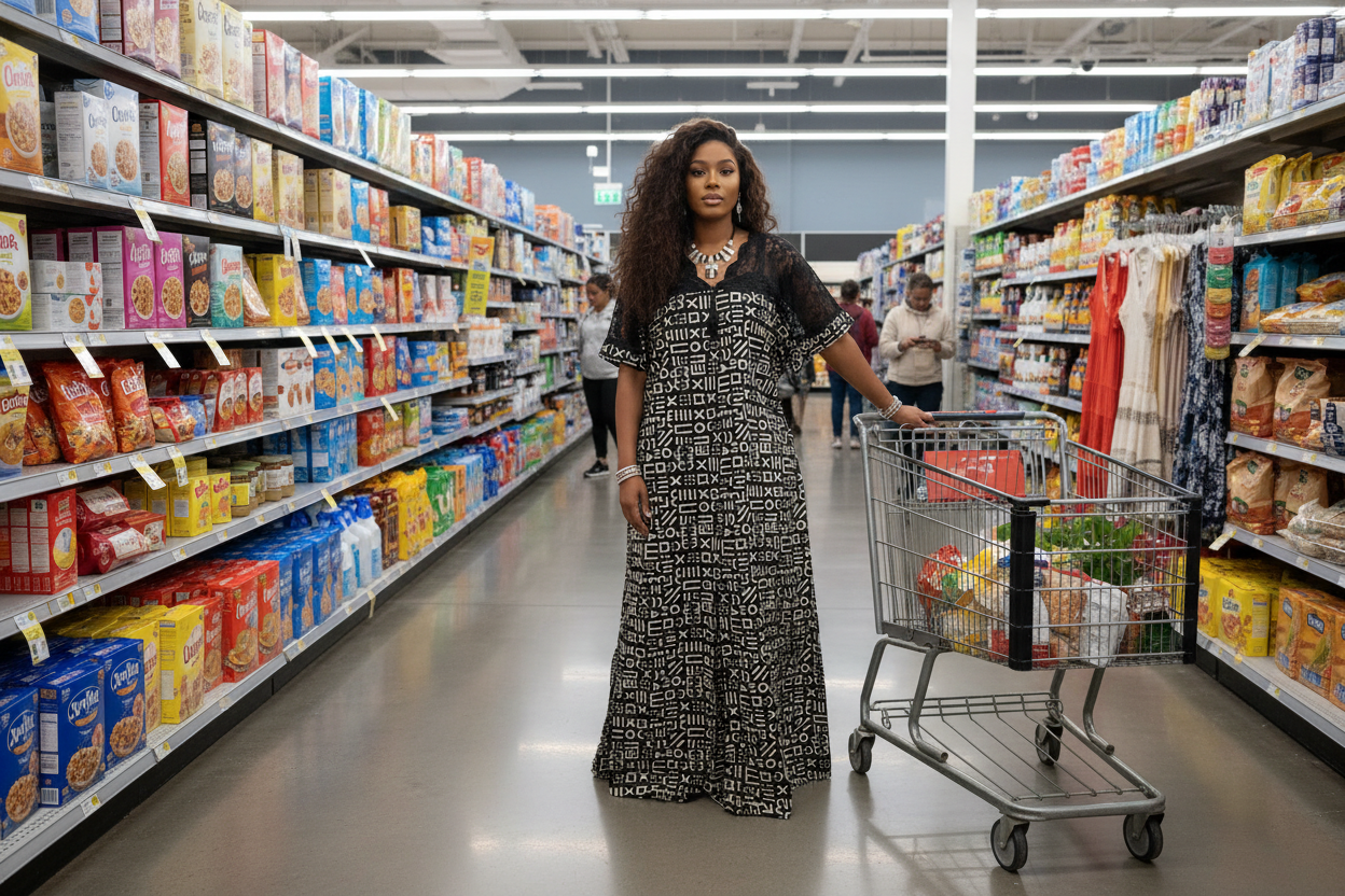 Classic Black & Ivory Tribal Ankara Print Bubu with Lace Bodice – Elegant Maxi Dress