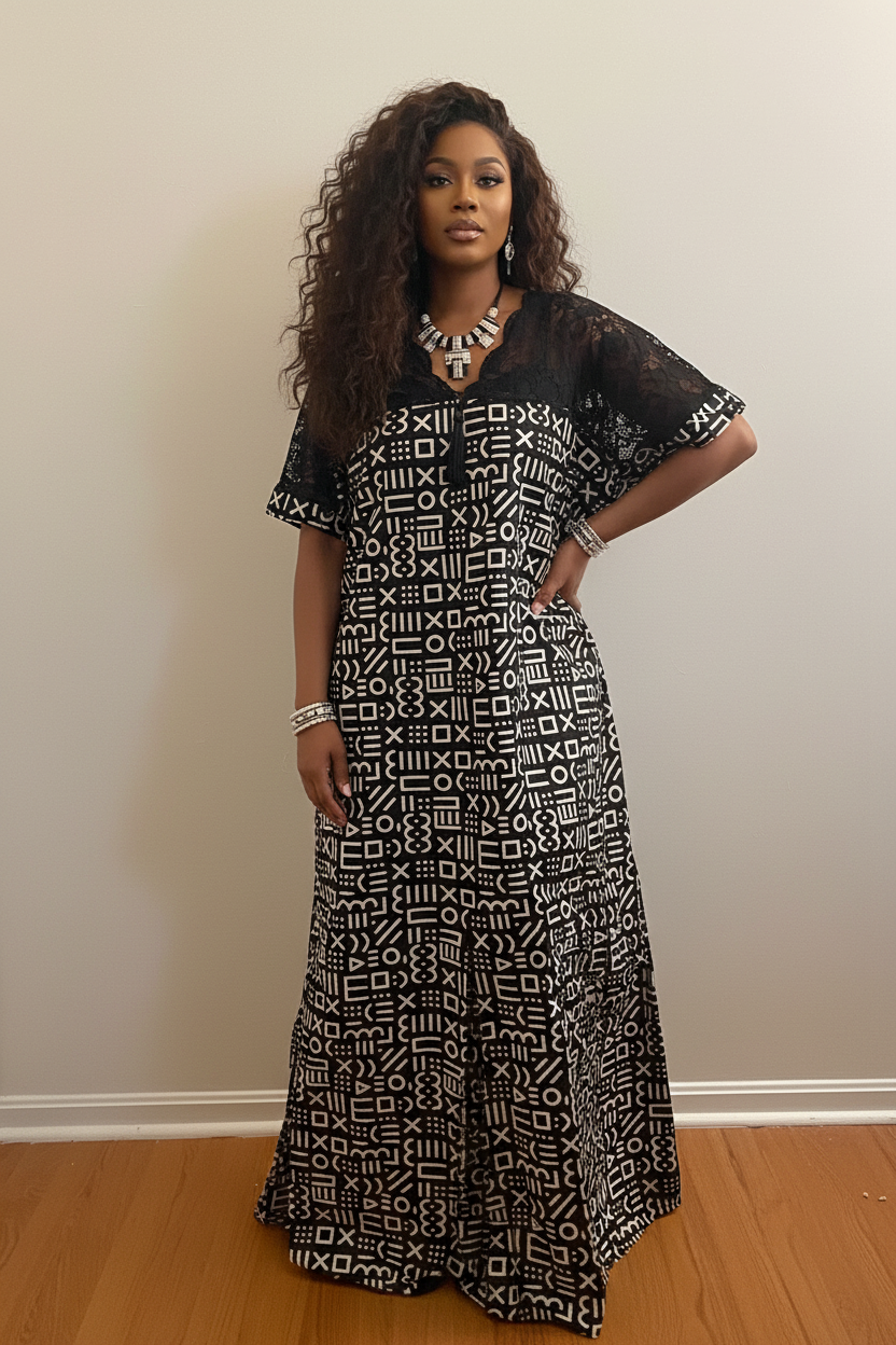 Classic Black & Ivory Tribal Ankara Print Bubu with Lace Bodice – Elegant Maxi Dress