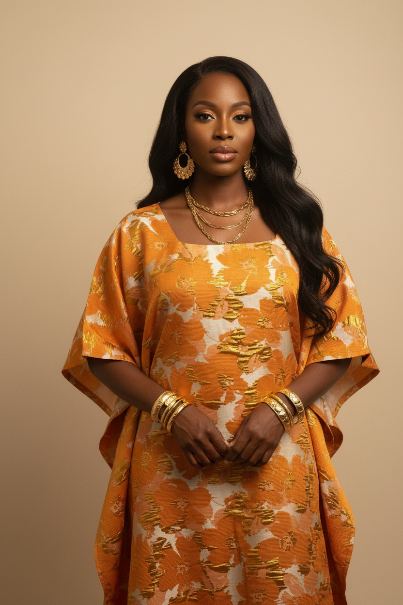 Burnt Orange Metallic Brocade A-Line Dress