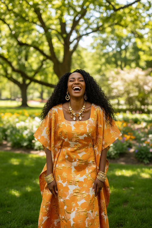 Burnt Orange Metallic Brocade A-Line Dress