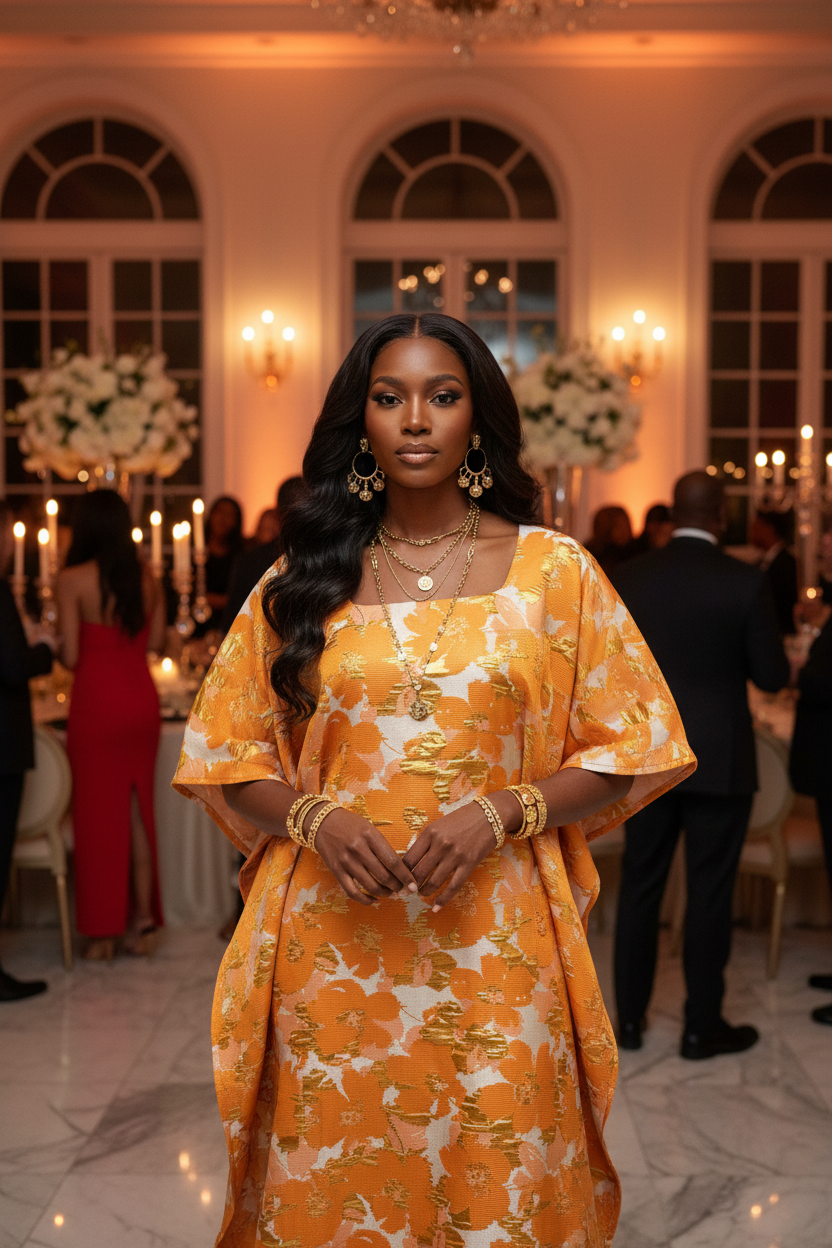 Burnt Orange Metallic Brocade A-Line Dress